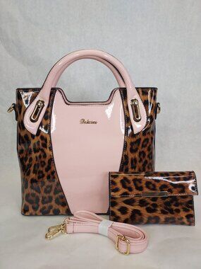 Dekerce Fashion Purse Top Handle Tote Pink Animal Leopard Print Matching Clutch